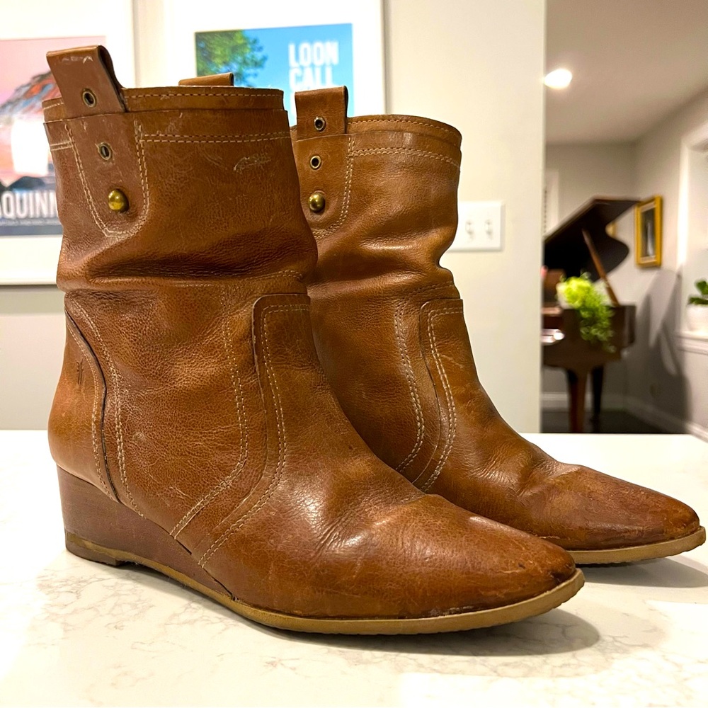 Vintage Frye Slouch Leather Wedge Booties- NEW SOLES - size 8.5